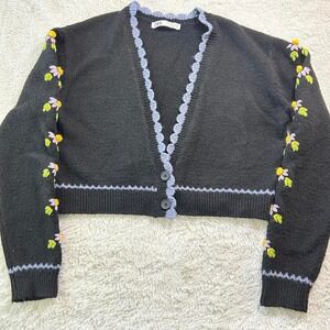 Zara Floral Embroidered Cropped Knit Button Up Cardigan Womens M